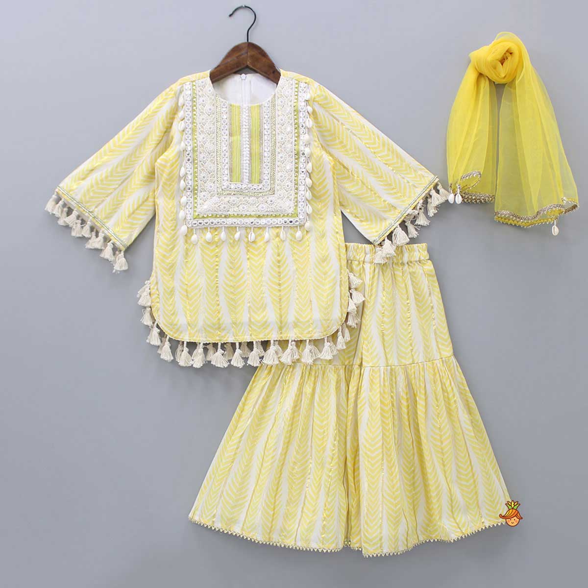 Lovely Yellow Embroidered Kurti And Sharara With Dupatta