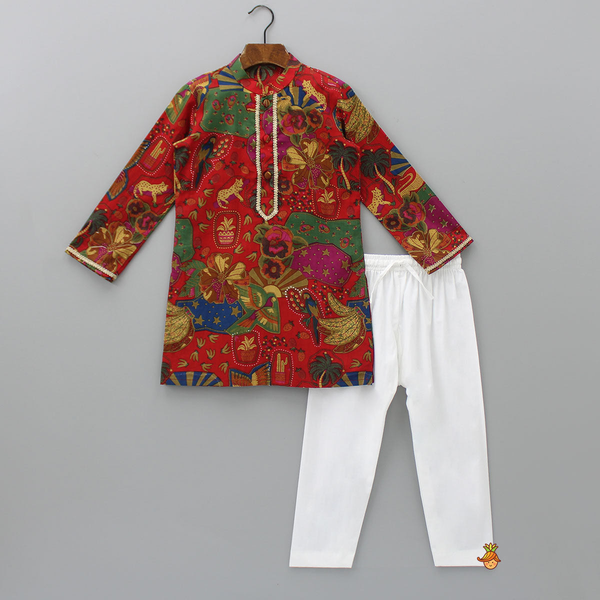 Pre Order: Vibrant Multicolour Printed Kurta With White Pyjama