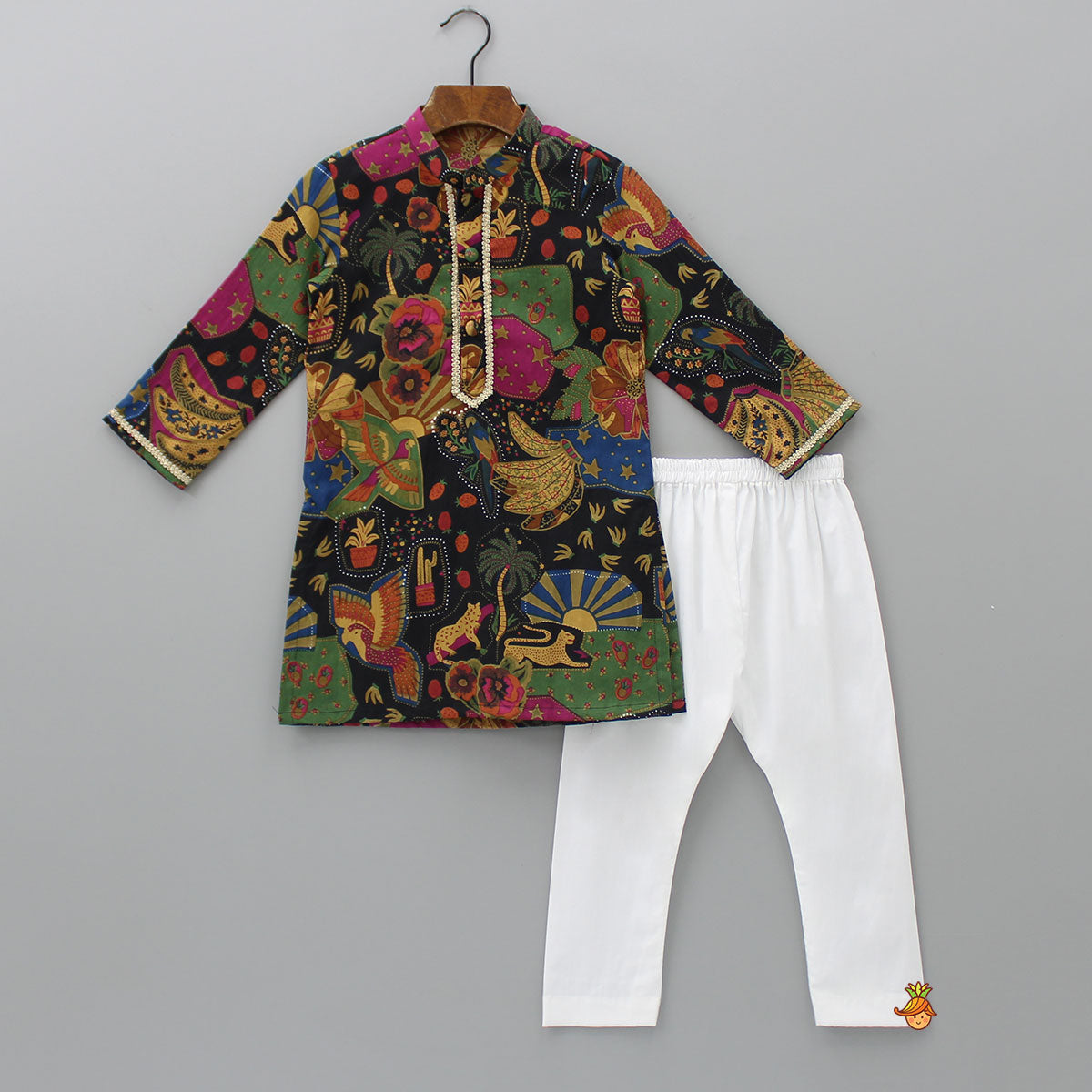 Pre Order: Lace Work Multicolour Printed Kurta With White Pyjama