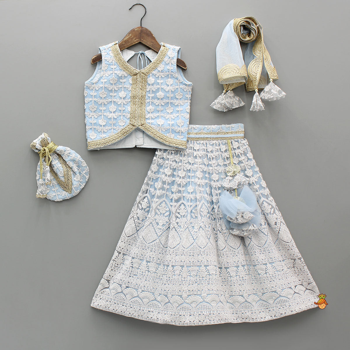 Sequins Embellished Blue Top And Lehenga With Dupatta And Potli Bag
