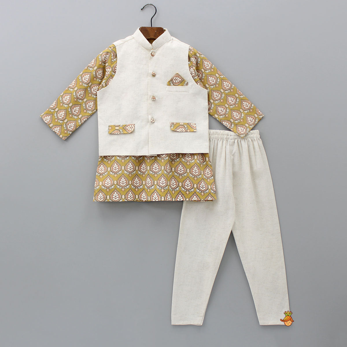 Motifs Printed Mustard Kurta With Jacket And Pyjama