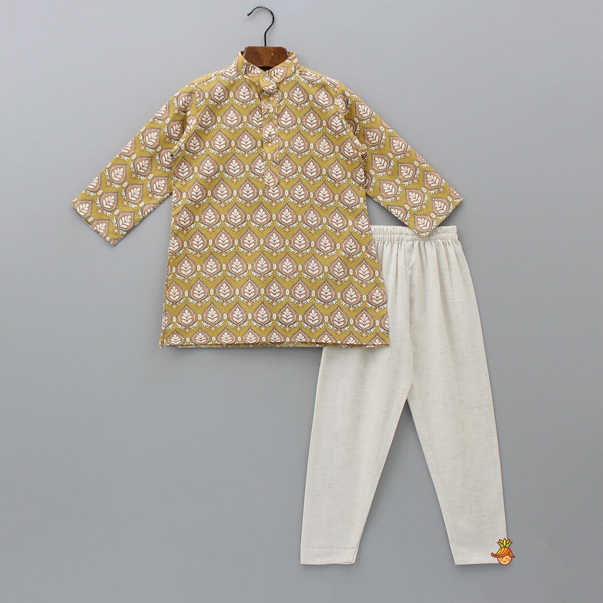 Motifs Printed Mustard Kurta With Jacket And Pyjama