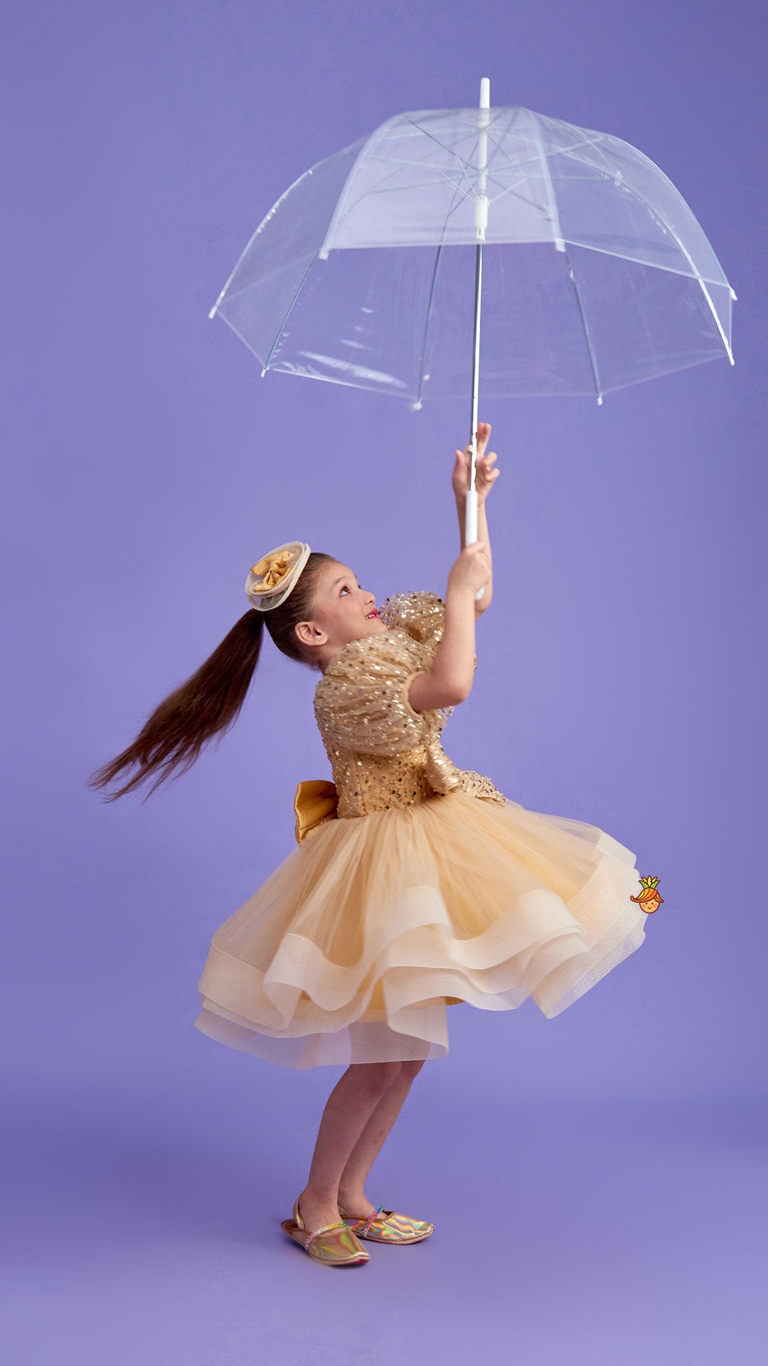 Sequins Enhanced Puff Sleeves Ruffle Dress With Bowie Head Band