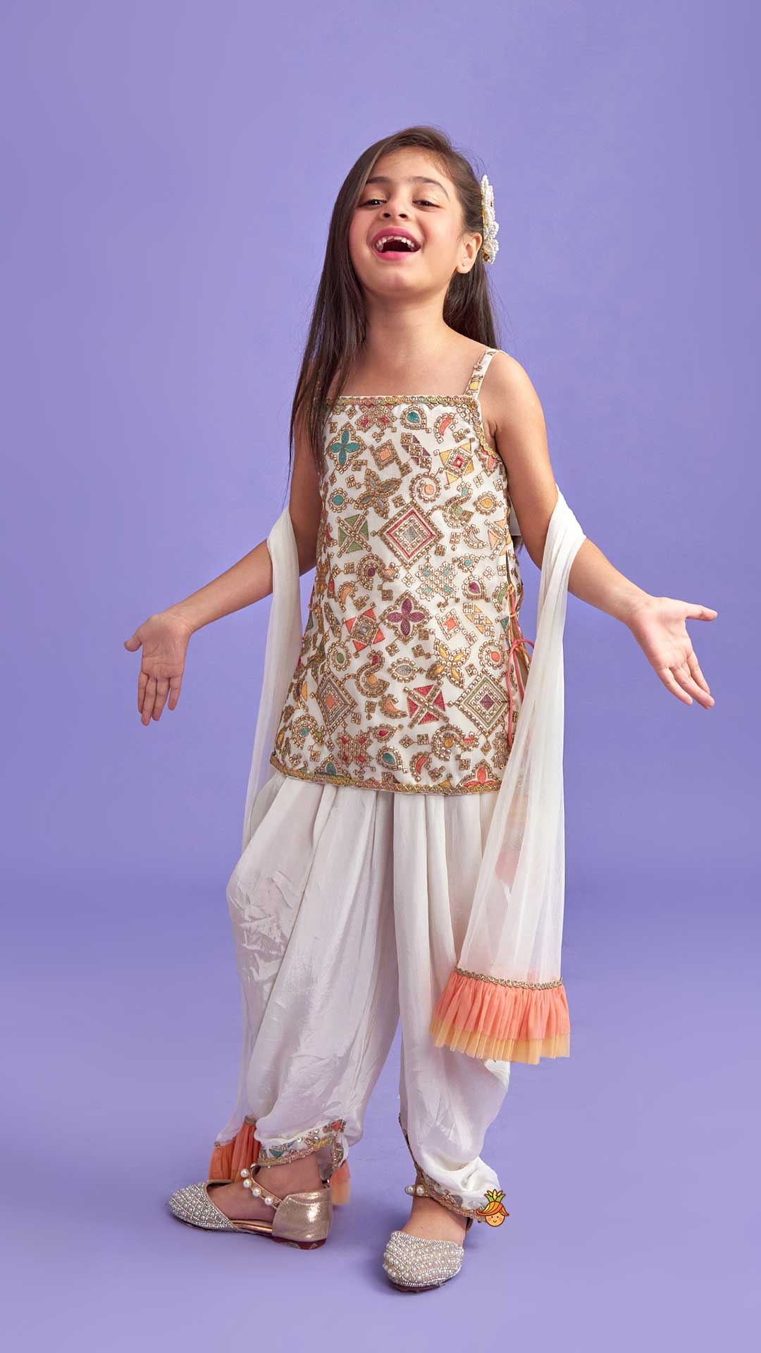Stylish Embroidered Top With Dhoti And Net Dupatta