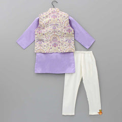Lovely Lilac Kurta With Floral Embroidered Jacket And Pyjama