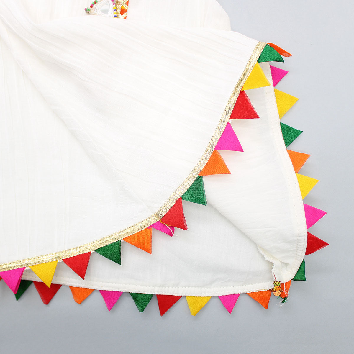 Colourful Triangles Lace Enhanced Flared Off White Top And Pleated Sharara With Contrasting Orange Leheriya Dupatta