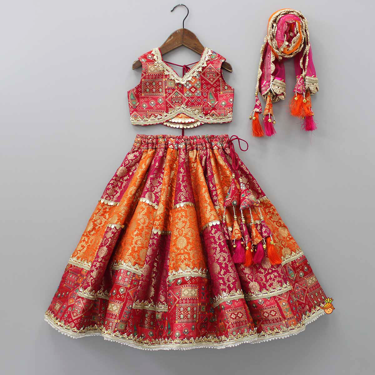 Stylish Brocade Multicolour Top And Lehenga With Net Dupatta