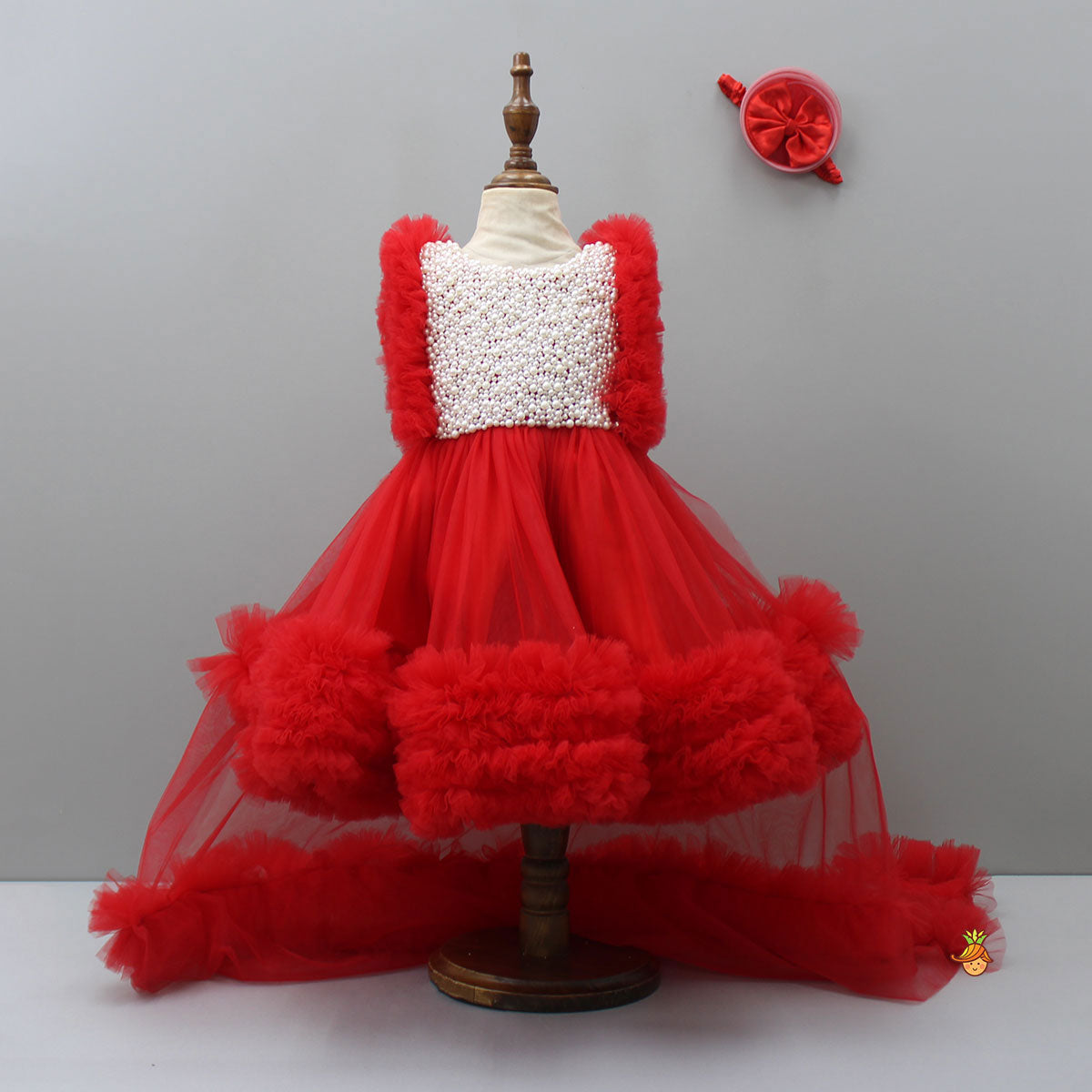Pre Order: Glamorous Red Frilled Dress With Detachable Trail And Head Band