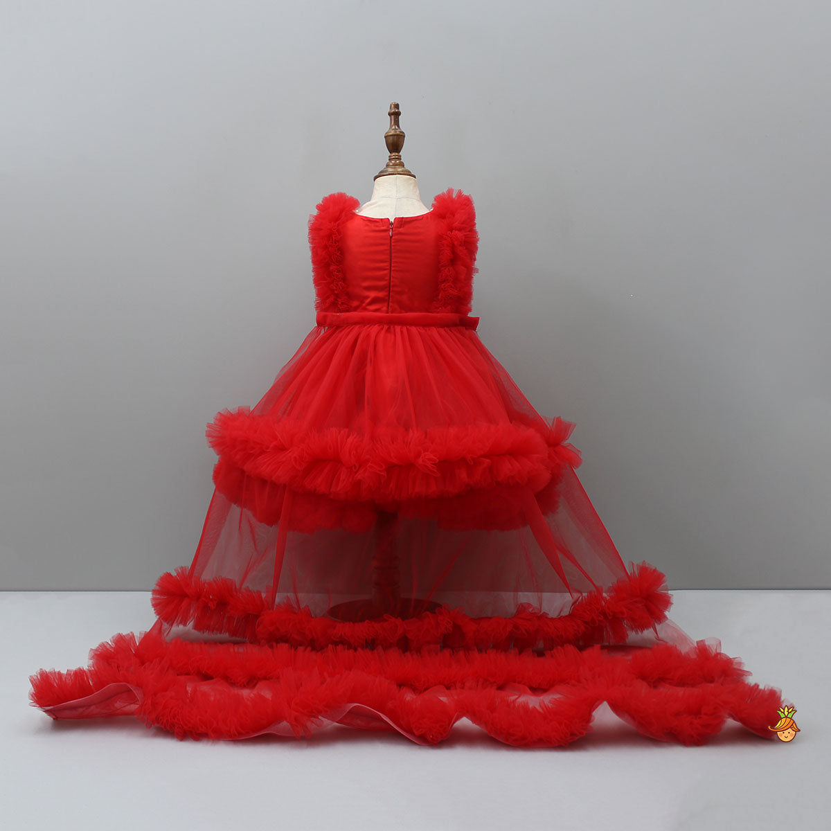 Glamorous Red Frilled Dress With Detachable Trail And Head Band