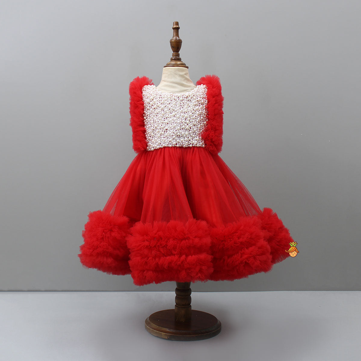 Glamorous Red Frilled Dress With Detachable Trail And Head Band