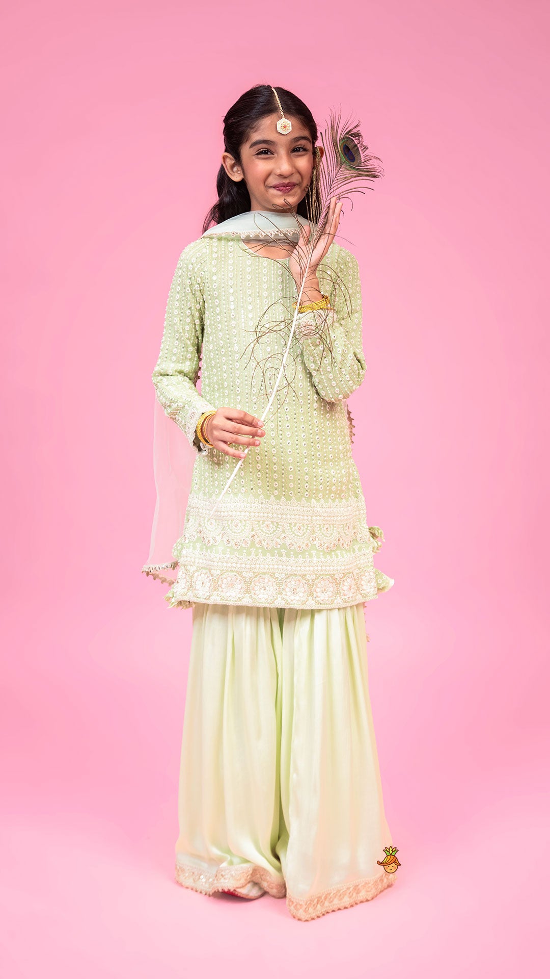 Splendid Embroidered Georgette Green Kurti With Sharara And Dupatta