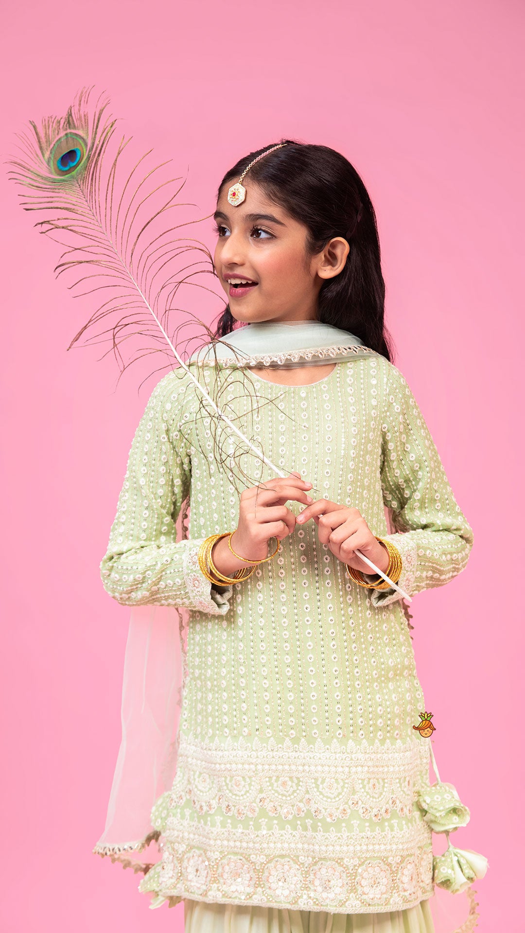 Splendid Embroidered Georgette Green Kurti With Sharara And Dupatta