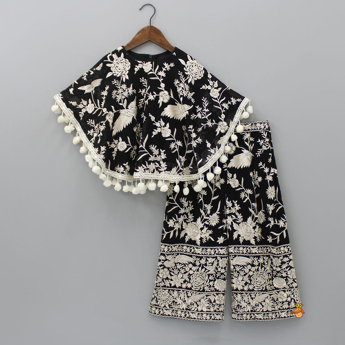 Pre Order: Black Top With Pom Poms Detailed Embroidered Cape And Palazzo