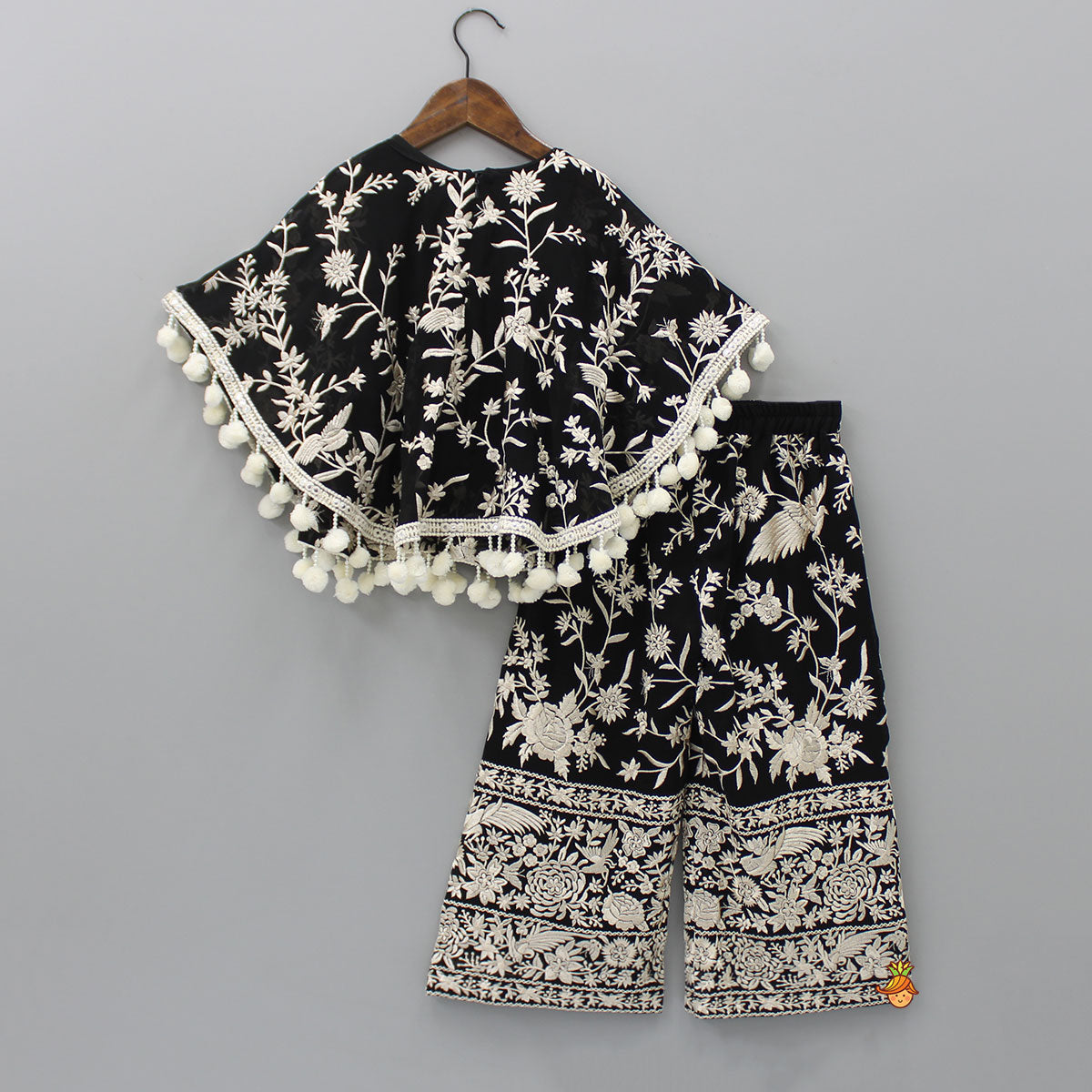 Black Top With Pom Poms Detailed Embroidered Cape And Palazzo