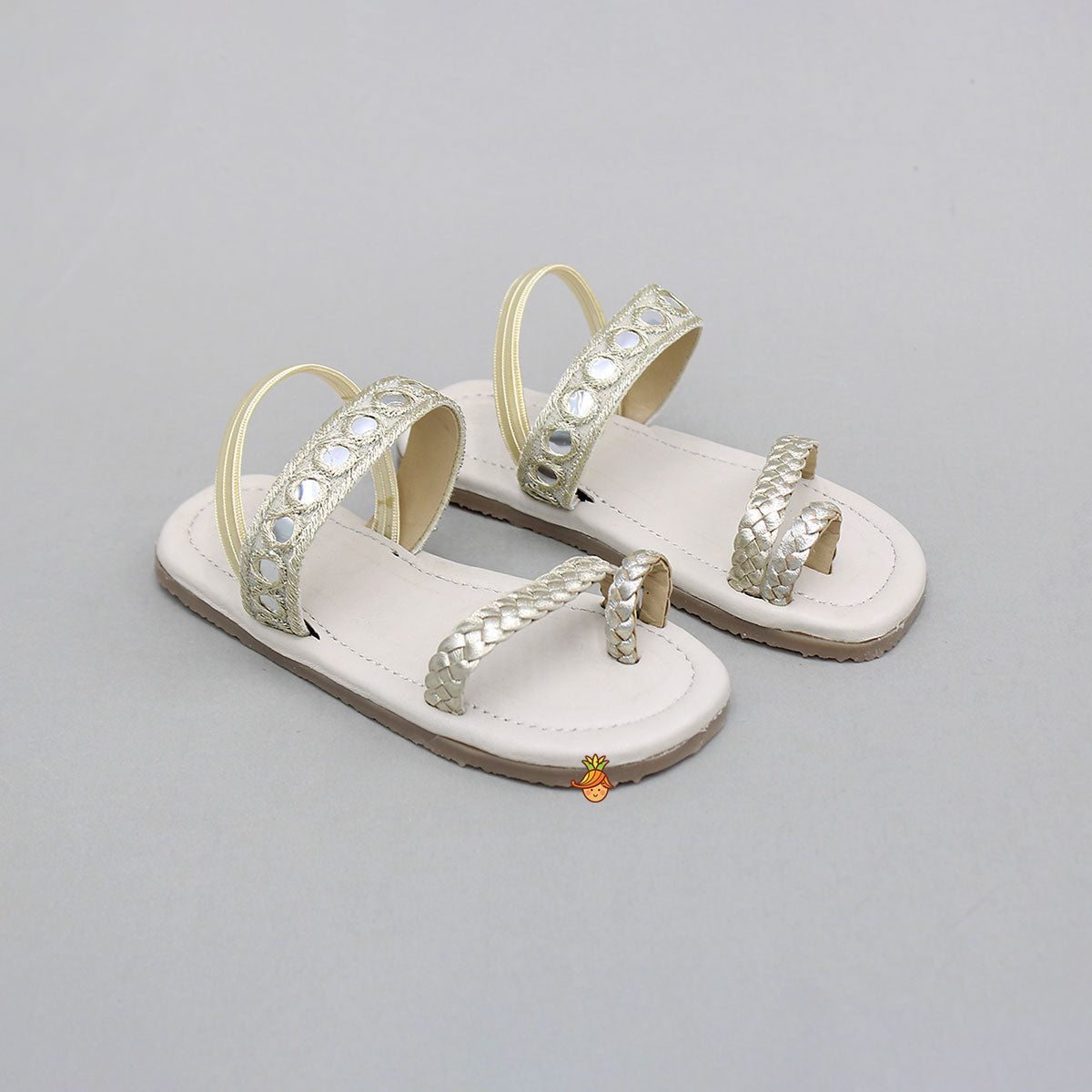 Faux Mirror Work With Braided Toe Ring Beige Base Kolhapuri Flats