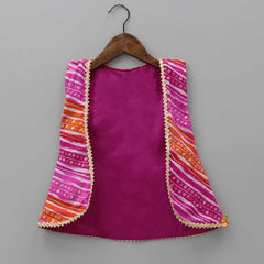 Pre Order: Gota Lace Work Pink Top And Bandhani Printed Jacket With Lehenga