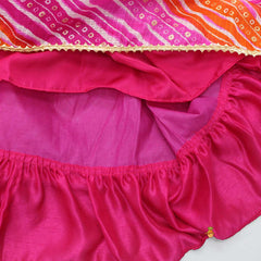 Pre Order: Gota Lace Work Pink Top And Bandhani Printed Jacket With Lehenga