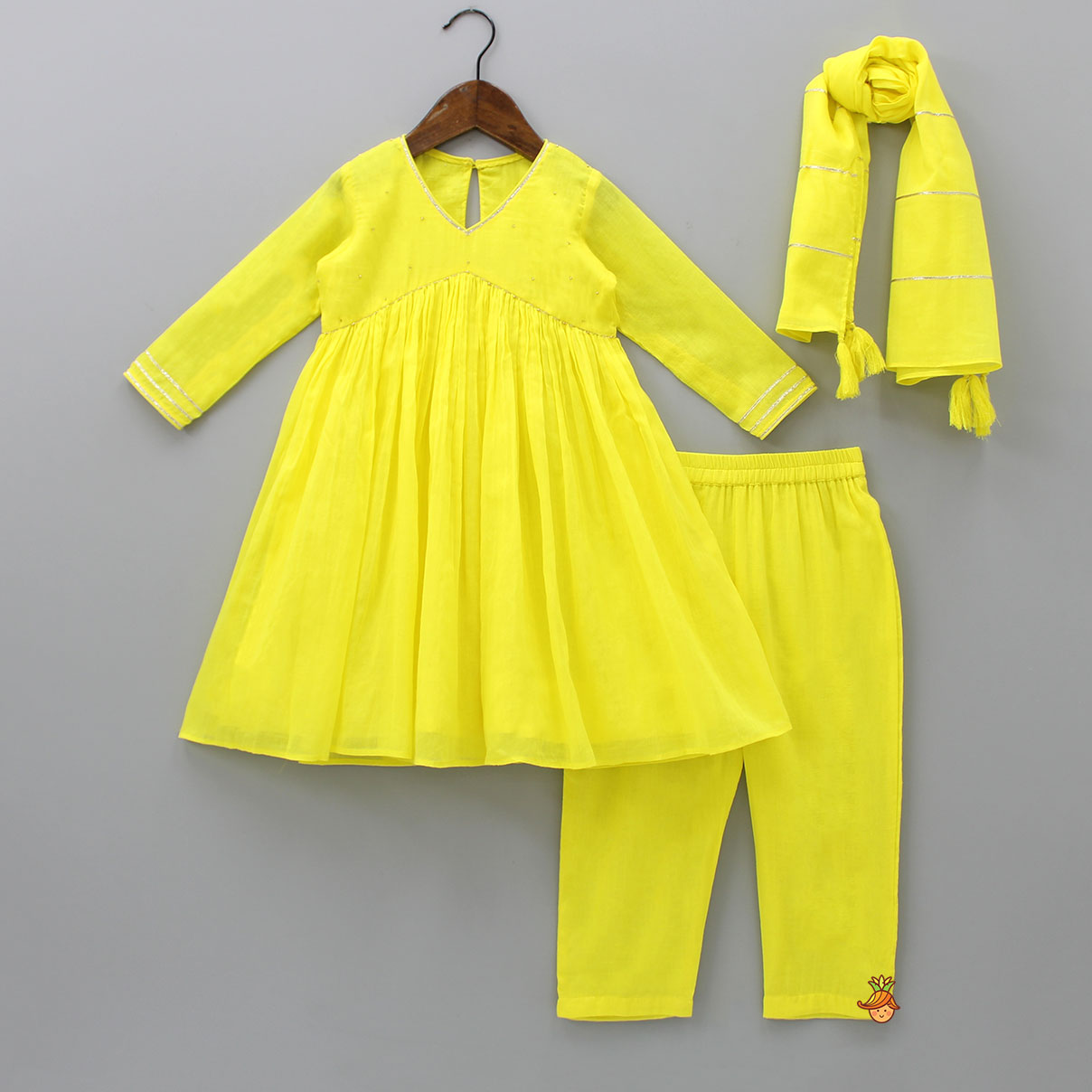 Pre Order: Beads Adorned Yellow Kurti And Pant With Dupatta