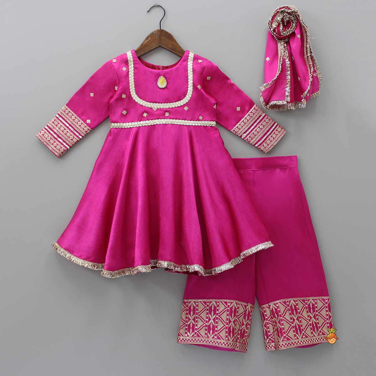 Lavish Pink Faux Mirror Work Kurti With Palazzo And Dupatta