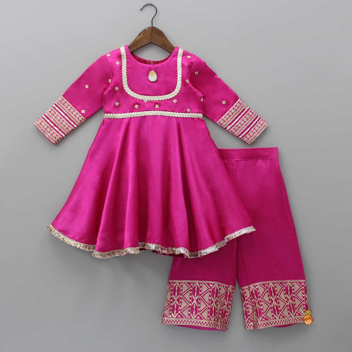 Lavish Pink Faux Mirror Work Kurti With Palazzo And Dupatta