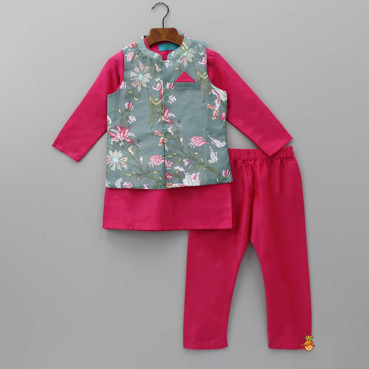 Pink Kurta With Floral Printed Grey Jacket And Pyjama