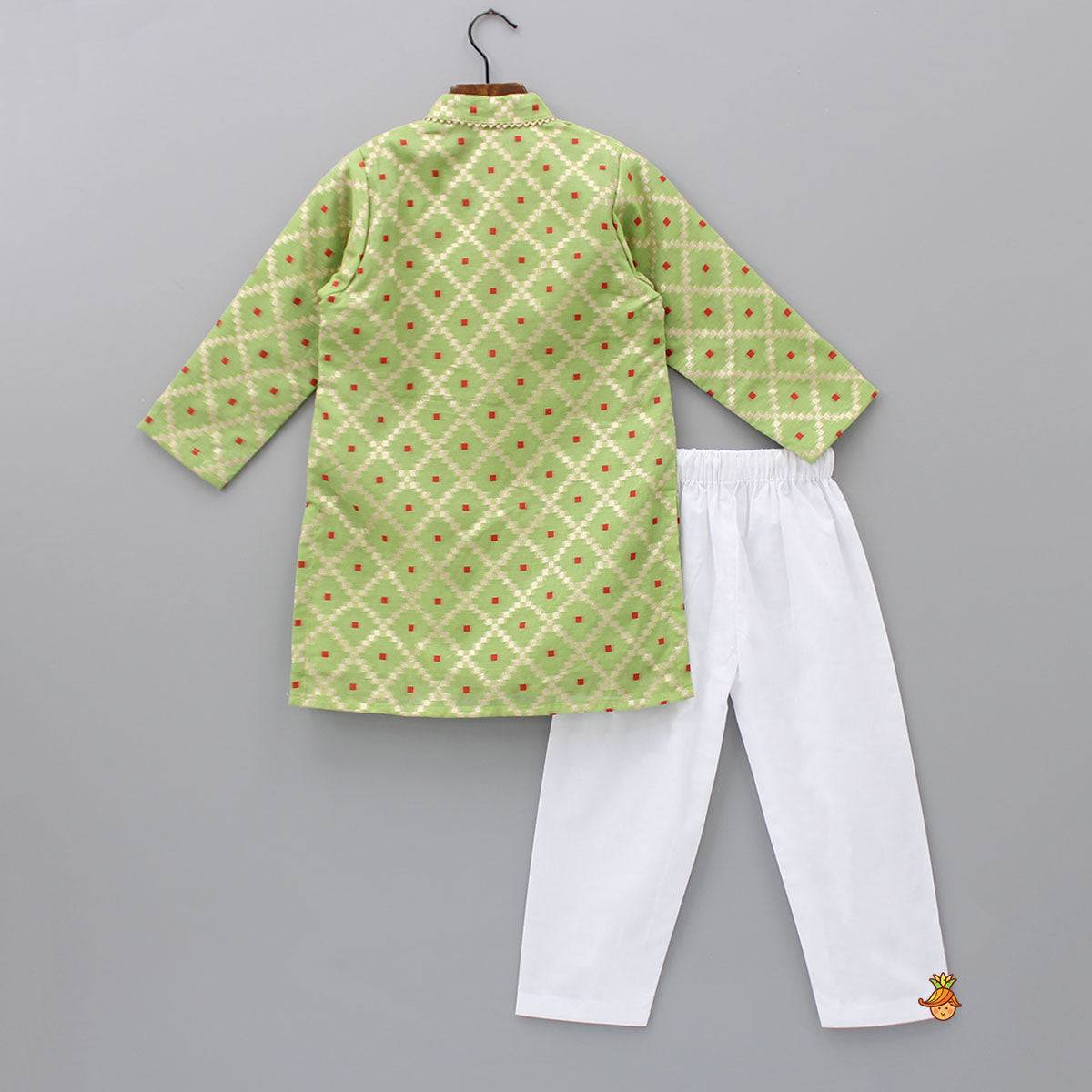 Green Kurta With Checks Embroidery And White Pyjama