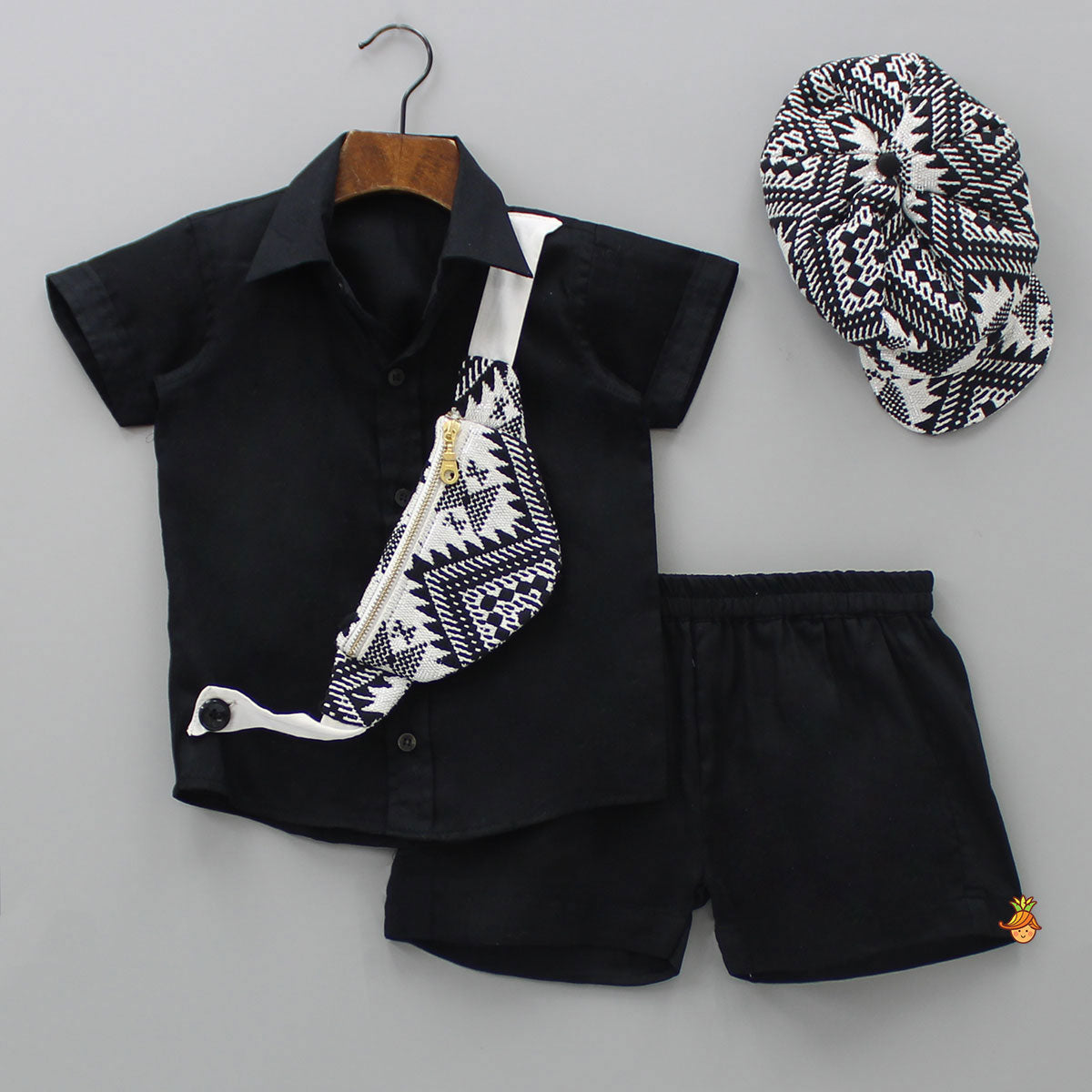 Black Shirt And Shorts With Attached Bag And Matching Cap