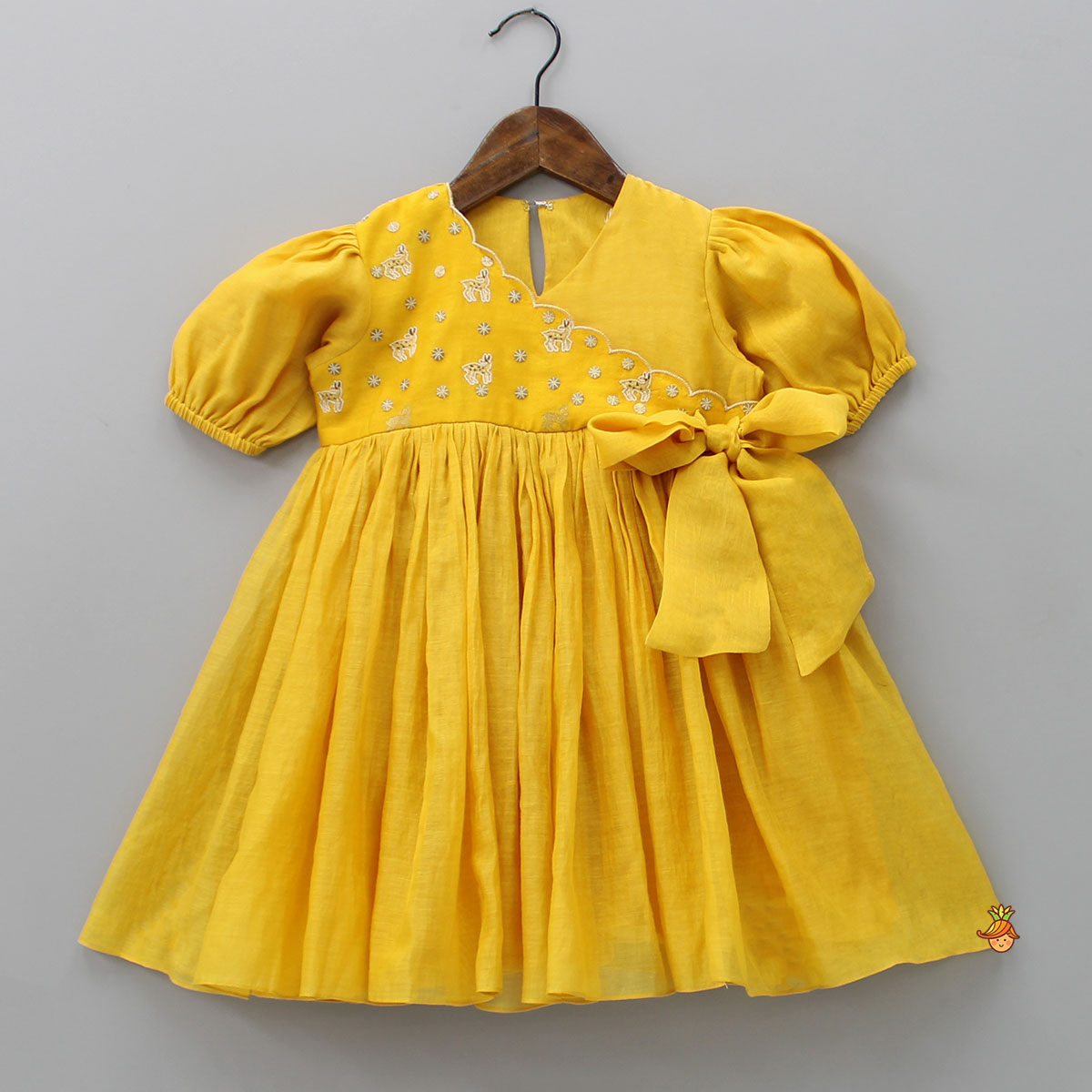 Pre Order: Side Knot Detail Embroidered Yoke Mustard Dress