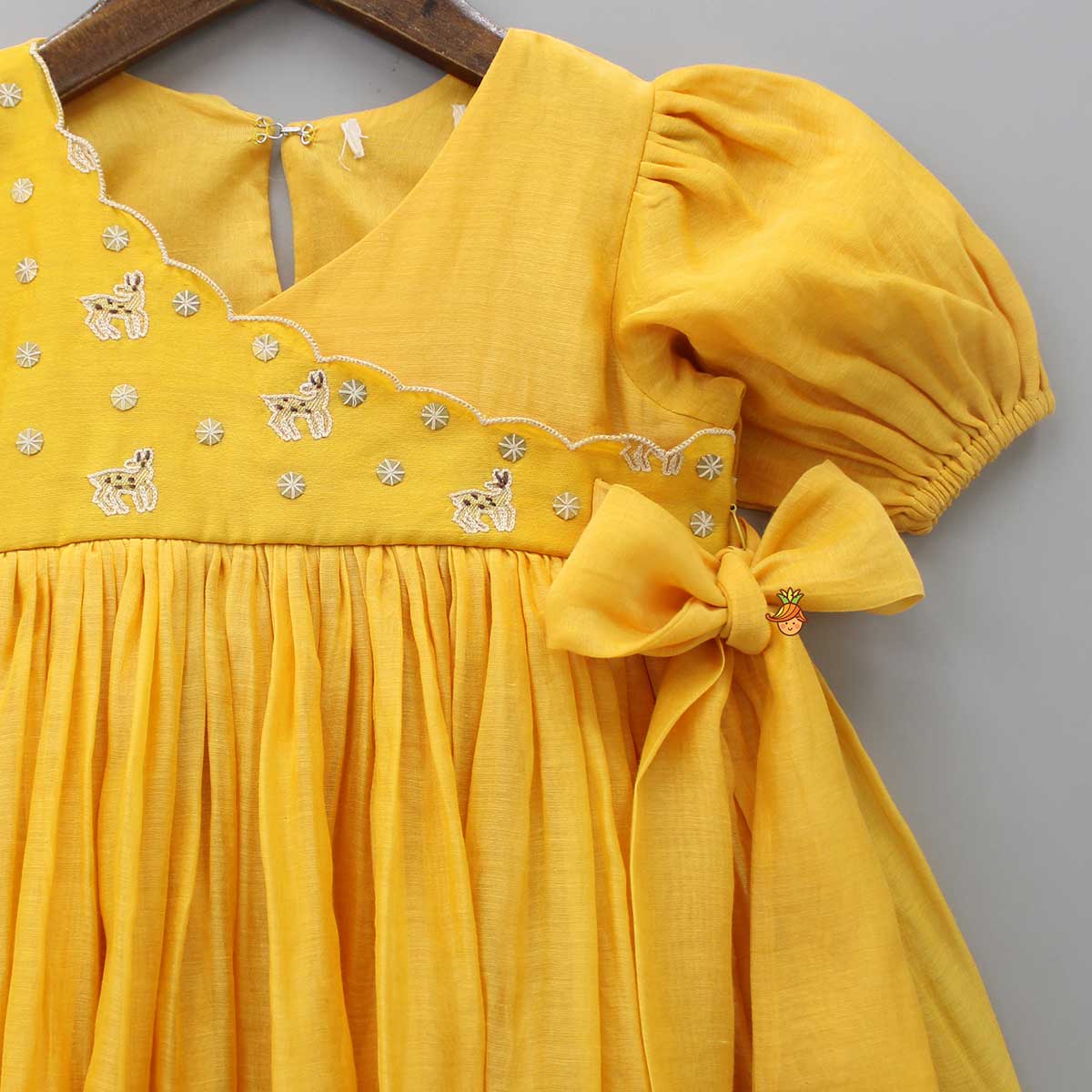 Side Knot Detail Embroidered Yoke Mustard Dress