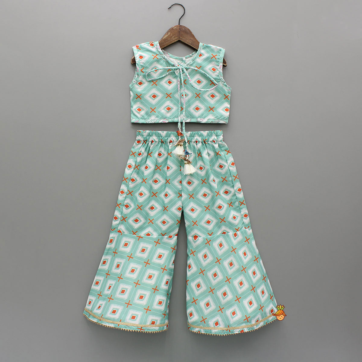 Printed Crop Top With Green Jacket And Sharara Style Palazzo