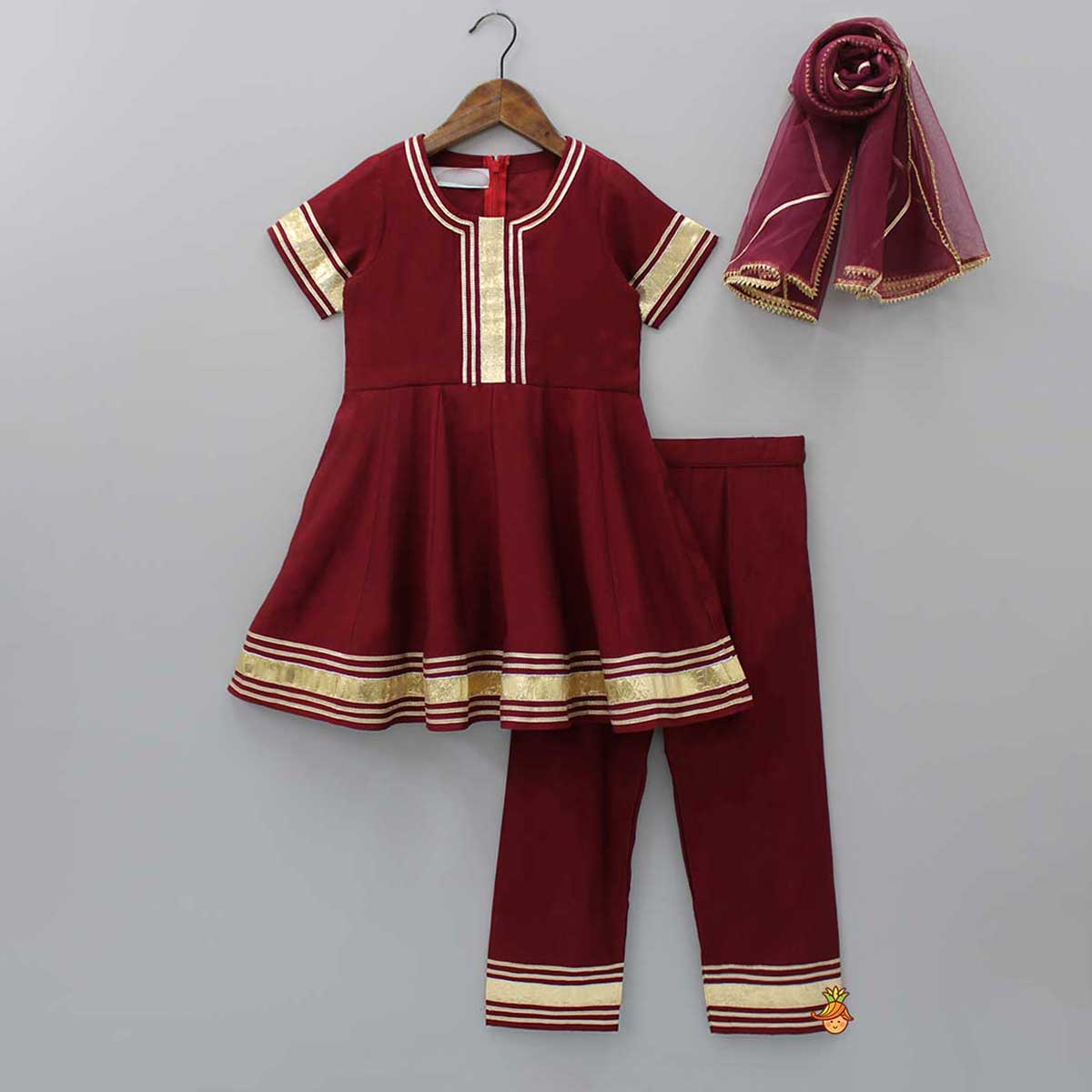 Pre Order: Gota Lace Detail Round Neck Maroon Kurti And Pant With Net Dupatta
