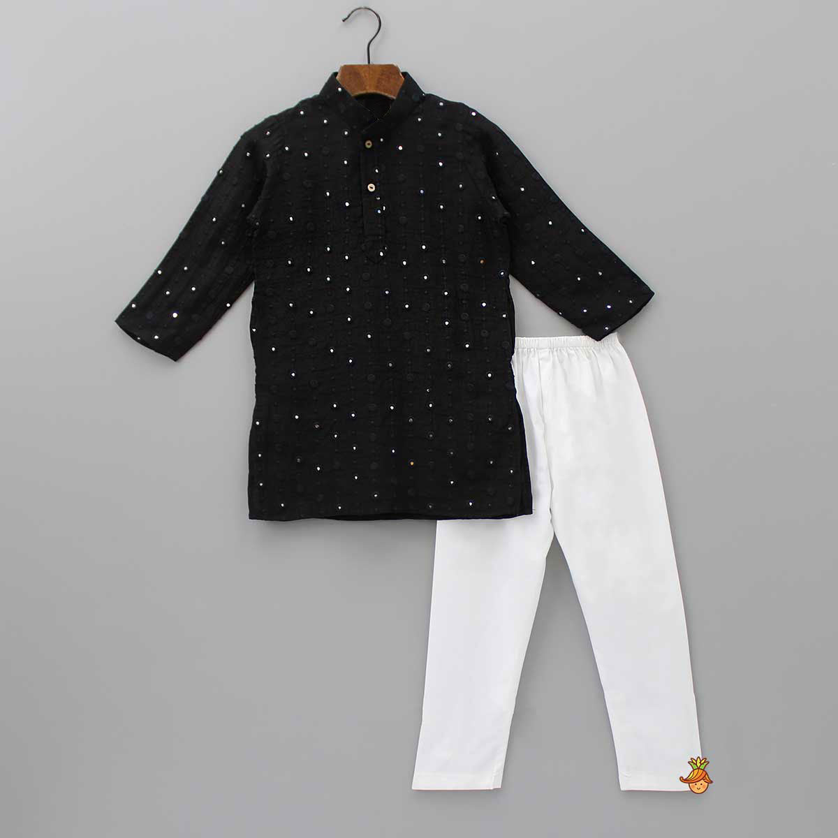 Faux Mirror Work Black Mandarin Collar Kurta And Pyjama