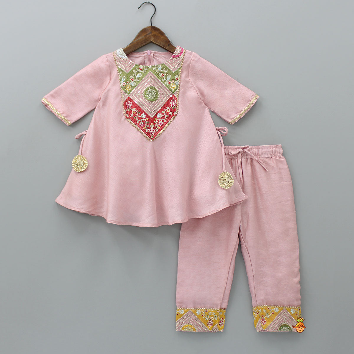 Pre Order: Embroidered Yoke Tassels Enhanced Pink Kurti And Pant