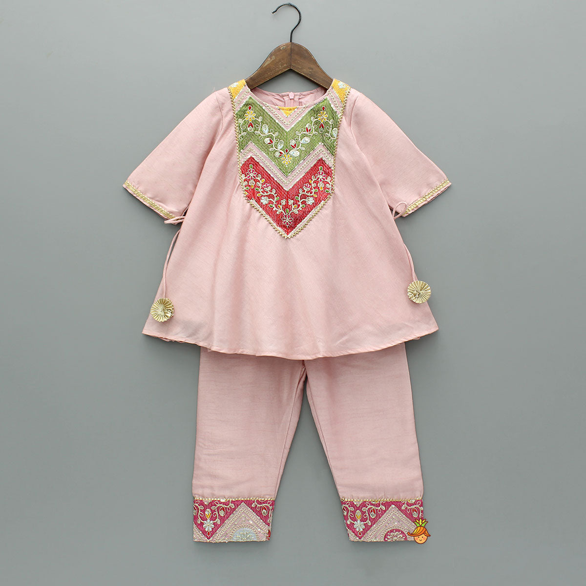 Embroidered Yoke Tassels Enhanced Pink Kurti And Pant