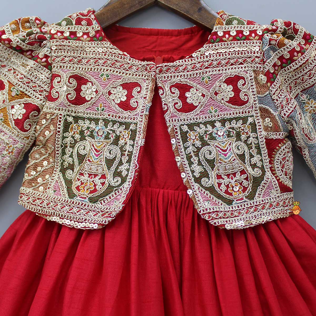 Round Neck Red Kurti With Heavy Embroidered Jacket
