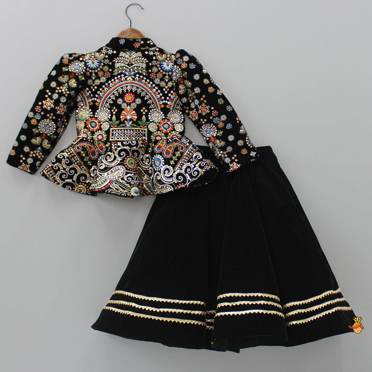 Heavy Embroidered Black Velvet Top And Gota Lace Work Flared Lehenga