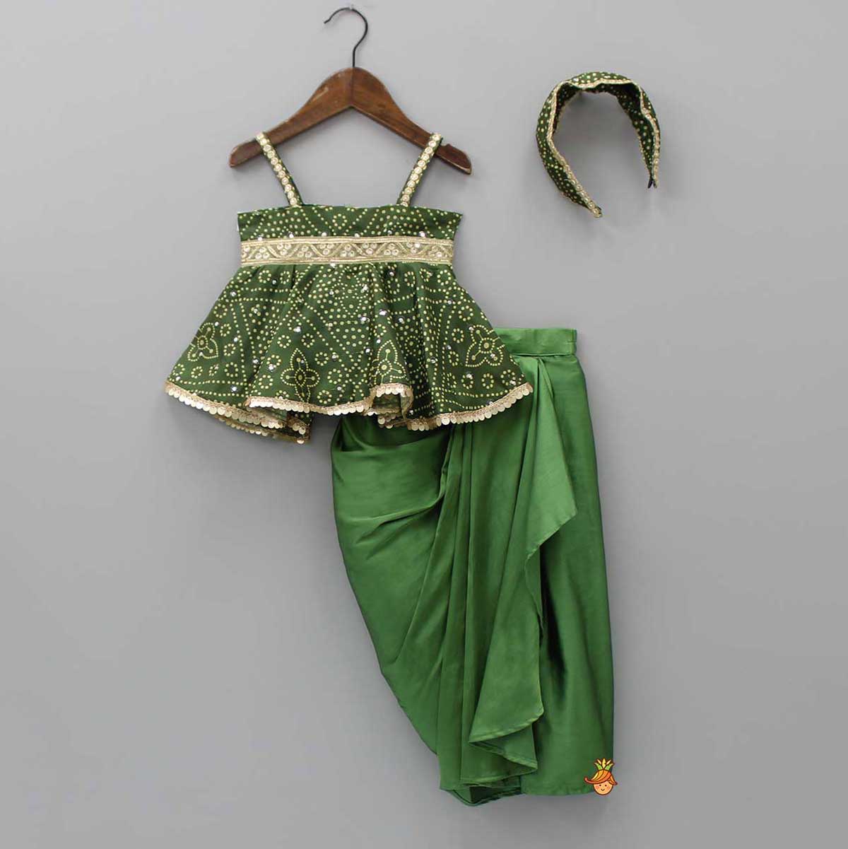 Faux Mirror Work Green Top And Stylish Dhoti Skirt With Matching Hair Band