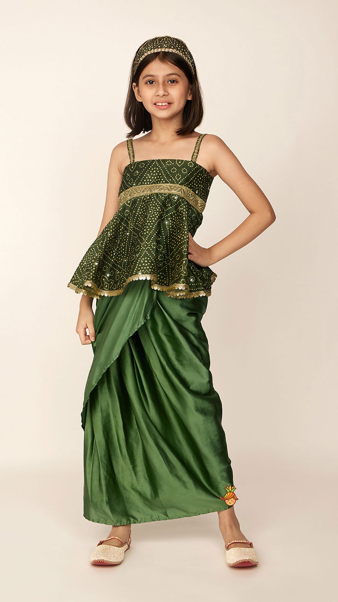 Faux Mirror Work Green Top And Stylish Dhoti Skirt With Matching Hair Band