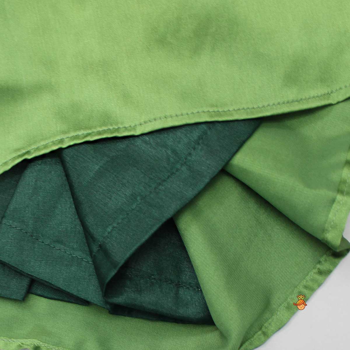 Faux Mirror Work Green Top And Stylish Dhoti Skirt With Matching Hair Band