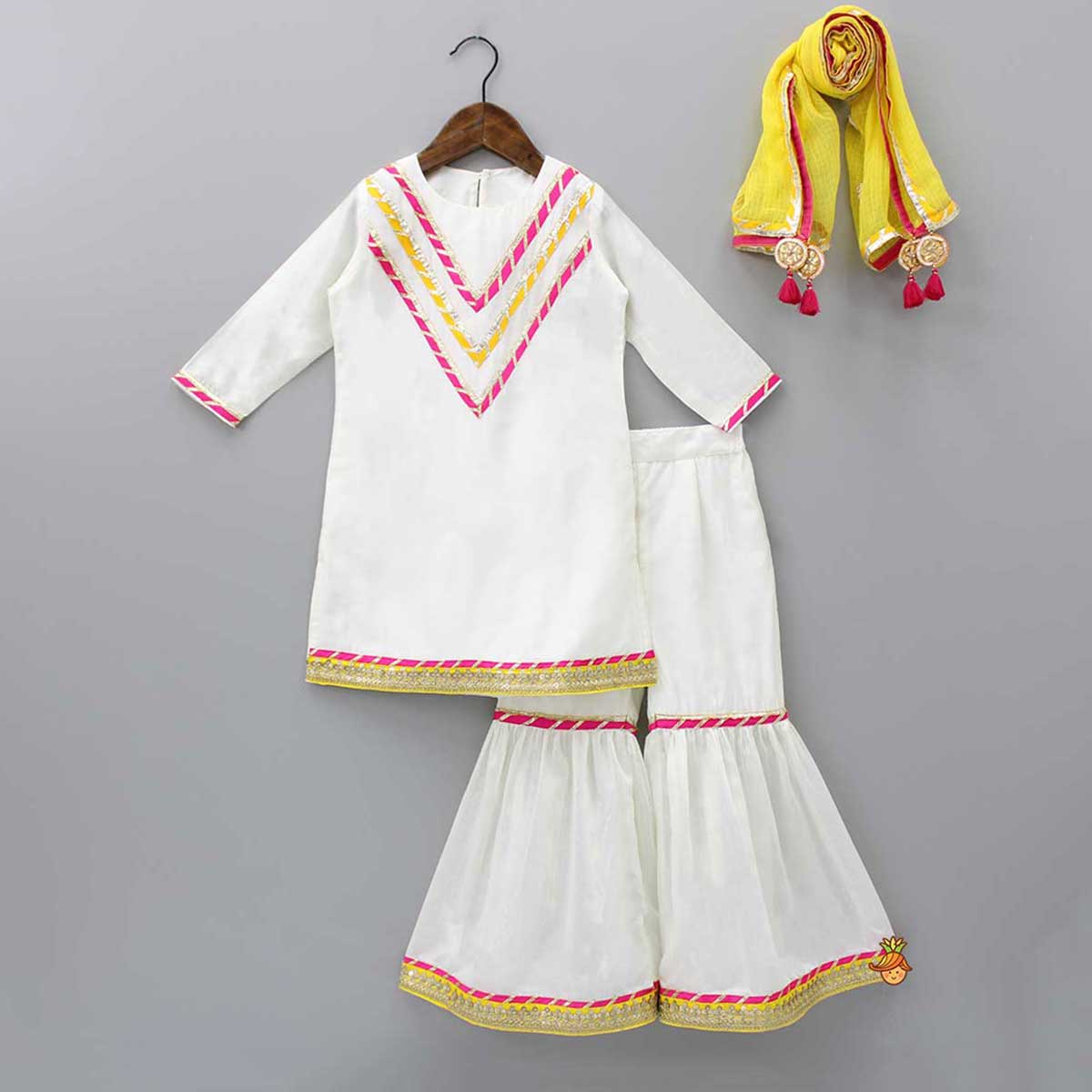 Pre Order: Gota Lace Detail Off White Kurti And Sharara With Fringes Enhanced Yellow Dupatta