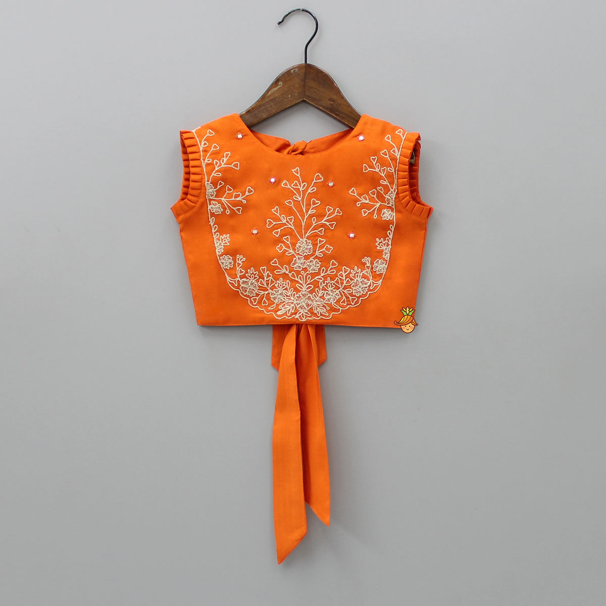 Pre Order: Dual Back Knot Detail Orange Top And Tassels Enhanced Lehenga