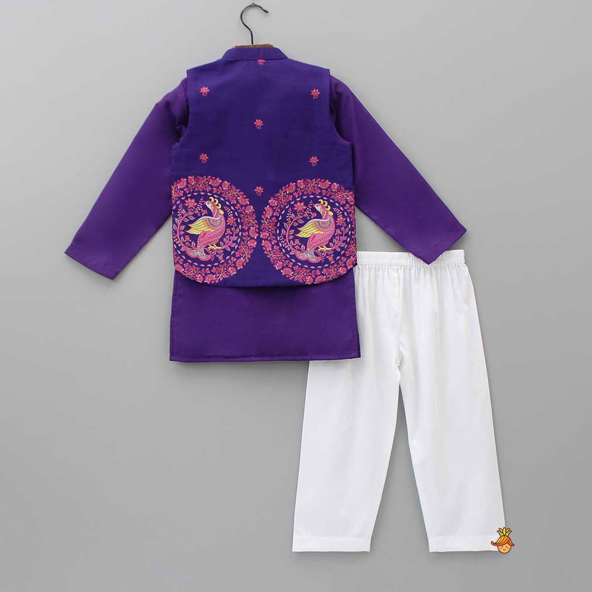 Purple Ethnic Kurta With Printed Open Jacket And White Pyjama