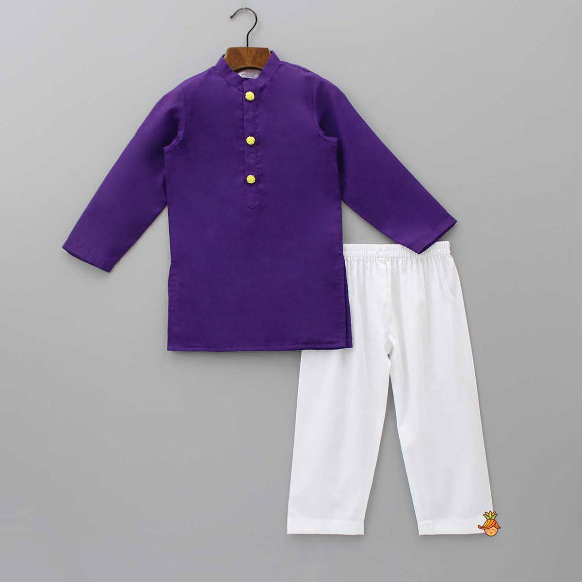 Purple Ethnic Kurta With Printed Open Jacket And White Pyjama