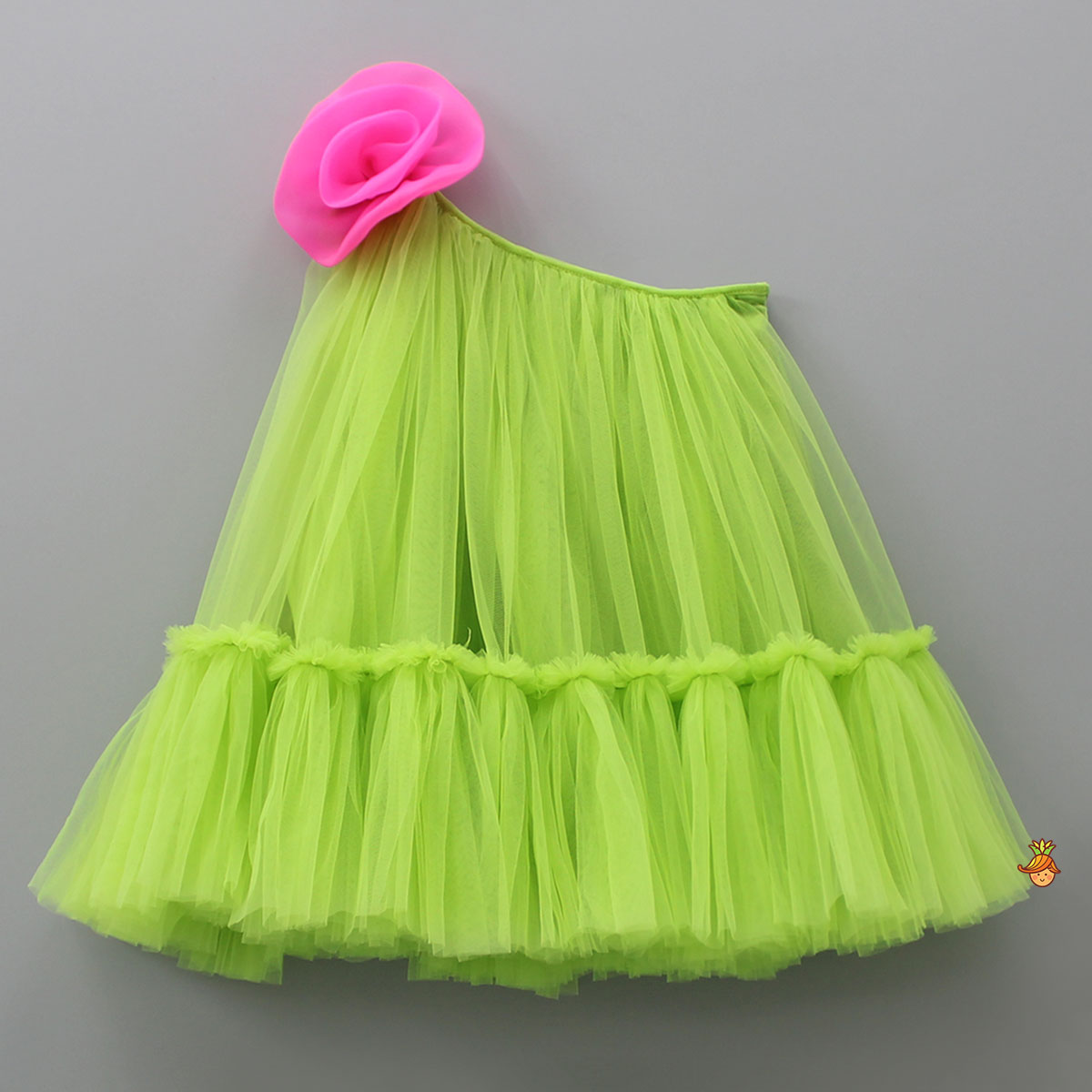 Contrasting Rose Adorned One Shoulder Green Dress With Matching Knot Detail Hair Band