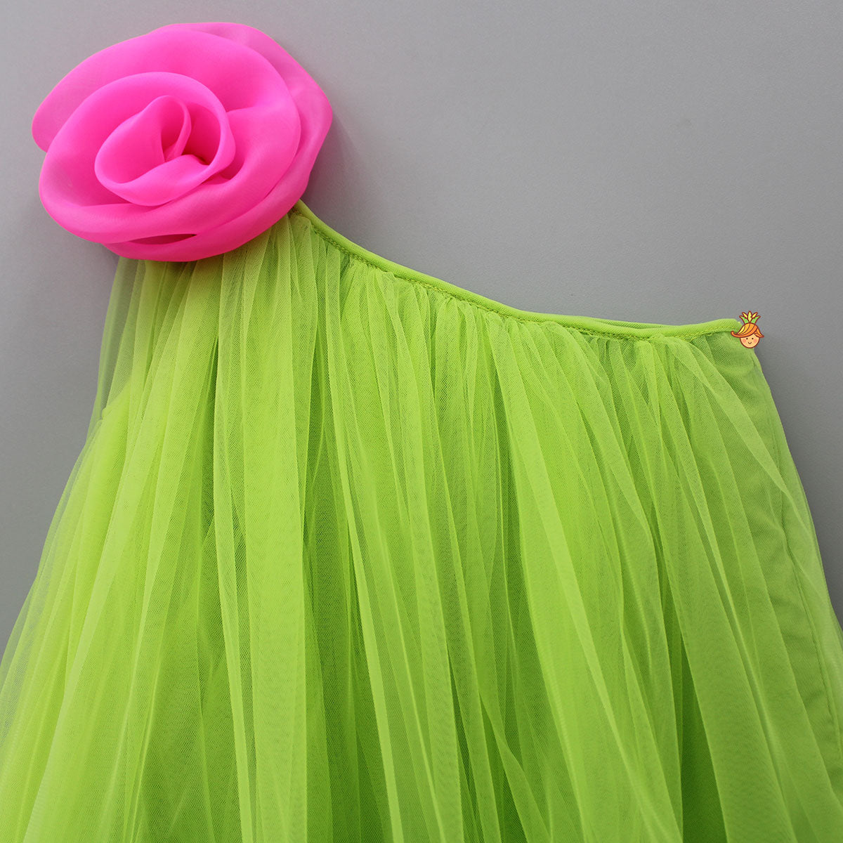Contrasting Rose Adorned One Shoulder Green Dress With Matching Knot Detail Hair Band