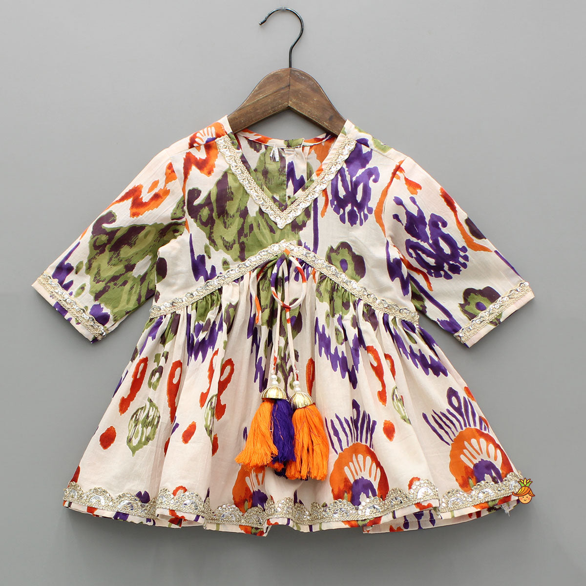 Tassels Enhanced Multicolour Printed Kurti And Sharara With Scalloped Lace Detail Dupatta