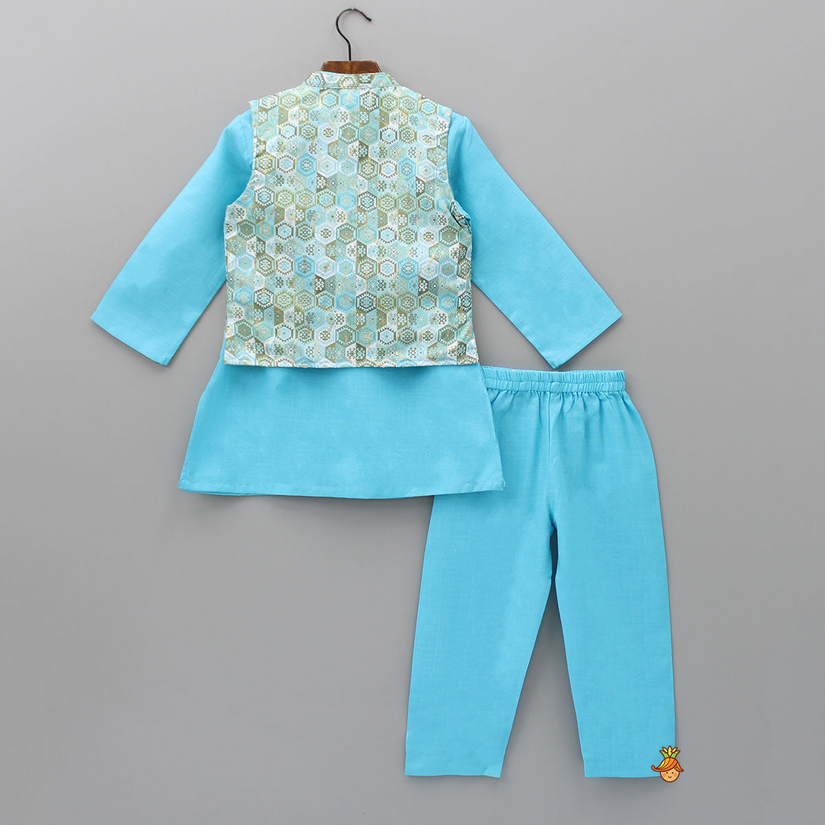 Front Placket Blue Kurta With Pocket Detail Jacket And Pyjama