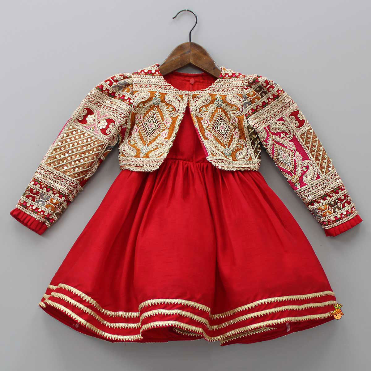 Round Neck Red Kurti With Heavy Embroidered Jacket