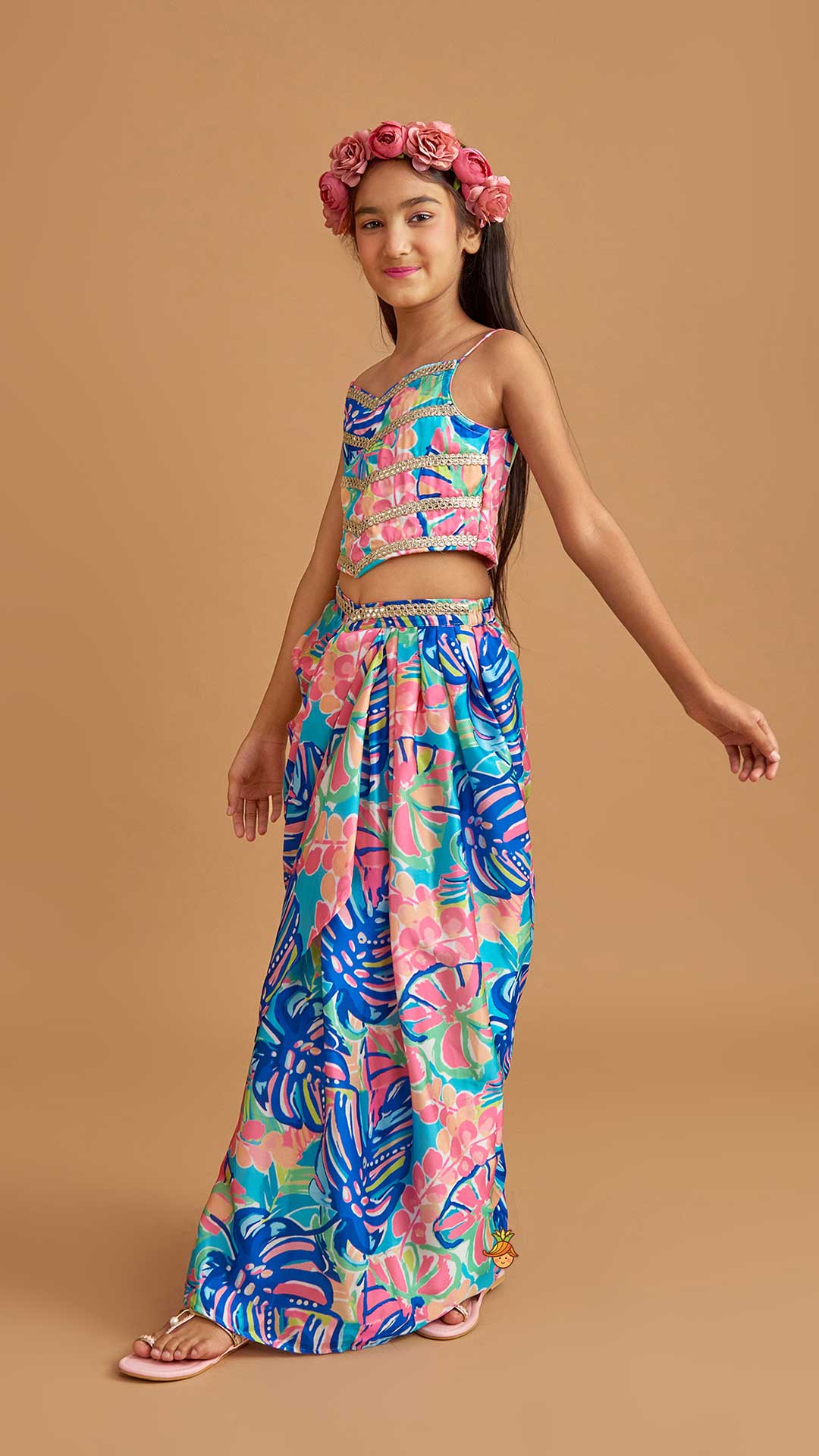 Multicolour Printed Lace Work Top With Cape And Dhoti Style Skirt