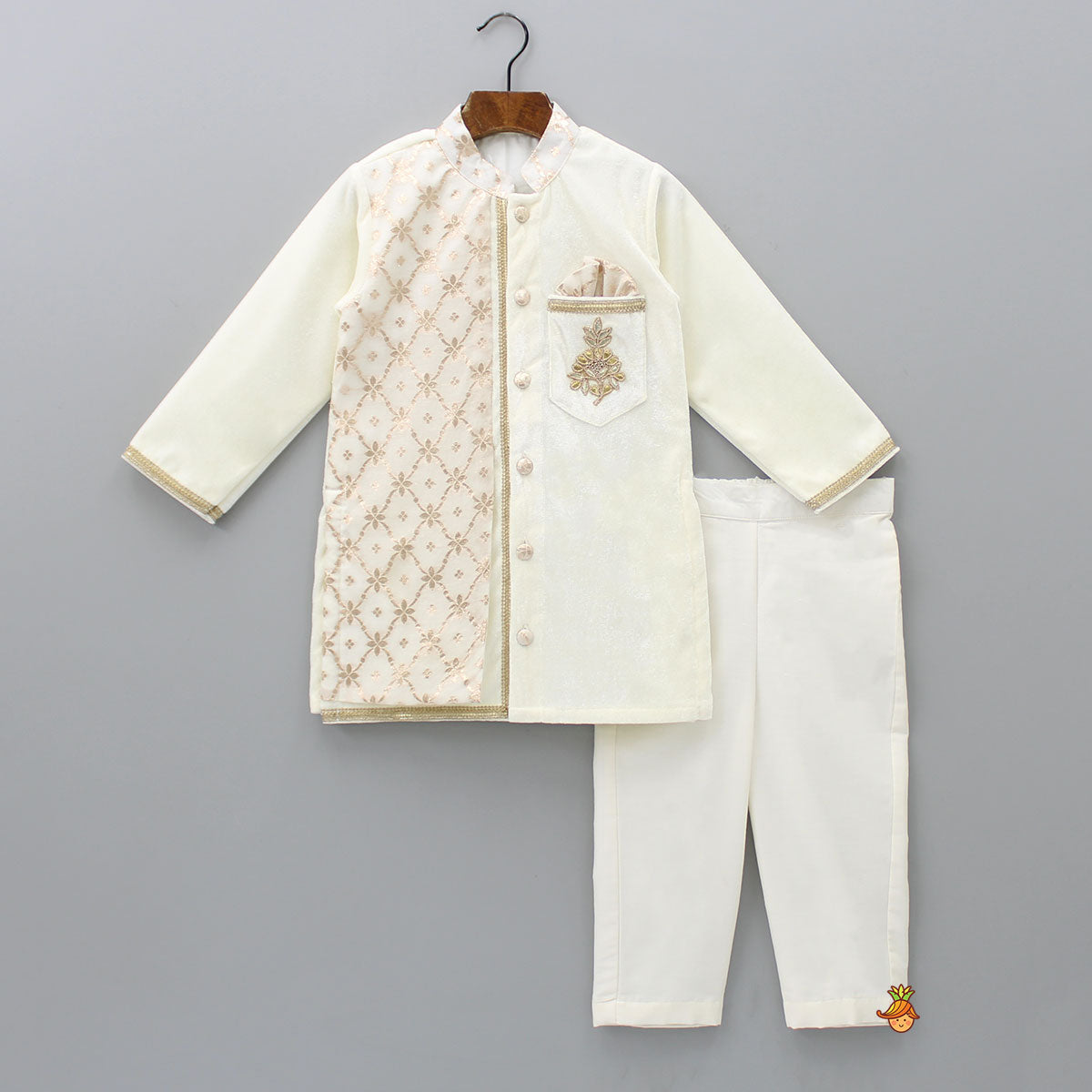 Attached Flap Off White Velvet Kurta And Pyjama